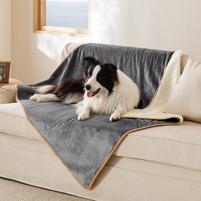 Bedsure Waterproof Dog Blankets for Extra Large Dogs - XL Cat Blanket Washable for Couch Protection, Sherpa Fleece Puppy Blanket, Soft Plush Reversible Throw Furniture Protector, 50x60, Grey