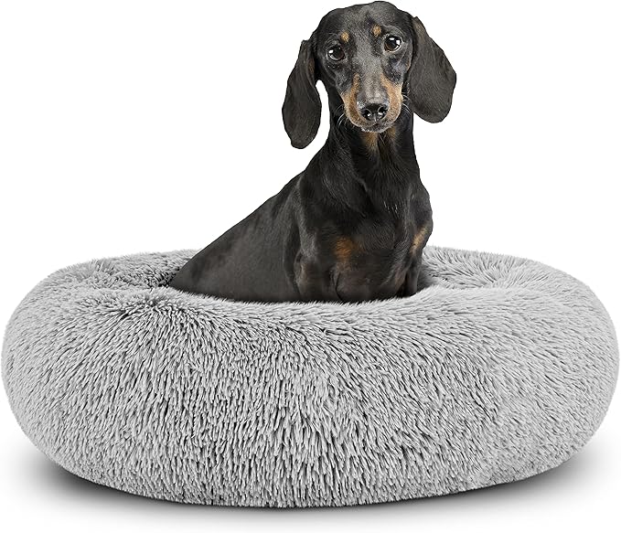 The Dog’s Bed Sound Sleep Donut Dog Bed, Small Silver Grey Fur Calming Nest Bed