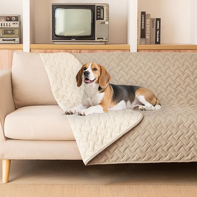 gogobunny 100% Double Sided Waterproof Dog Blanket Soft Bed Pet Cover Reversible Protect Furniture Couch Sofa Car for Puppy Cat Kids (Dark Beige/Light Beige, 82x82 Inch (Pack of 1))