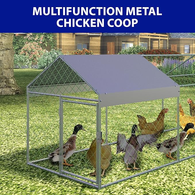 Metal Chicken Coop Run,Outdoor Walk-in Cage Peak Hen House with Waterproof and Anti-Uv Cover,Spire Roof Hen House with Security Lock for Outdoor,Backyard and Farm, 9.8 x 3.3 x 3.3 ft