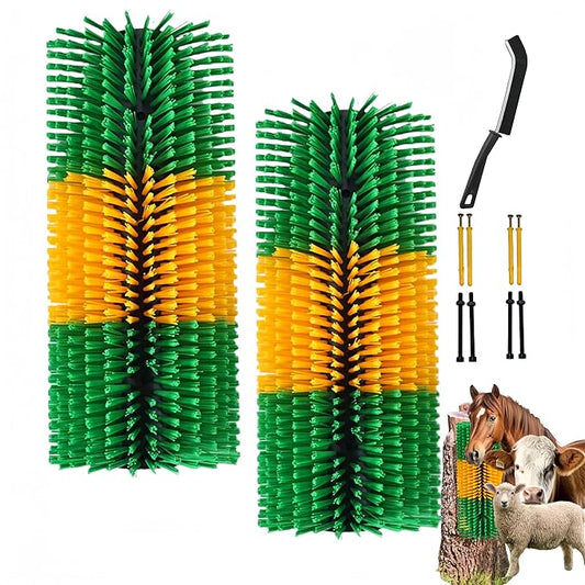 2PCS Livestock Scratching Brush, Goat Scratcher Post with Cleaning Brush, Grooming and Massage Brushes for Horse Cow Sheep, Animal Itch Relief and Back Scratcher
