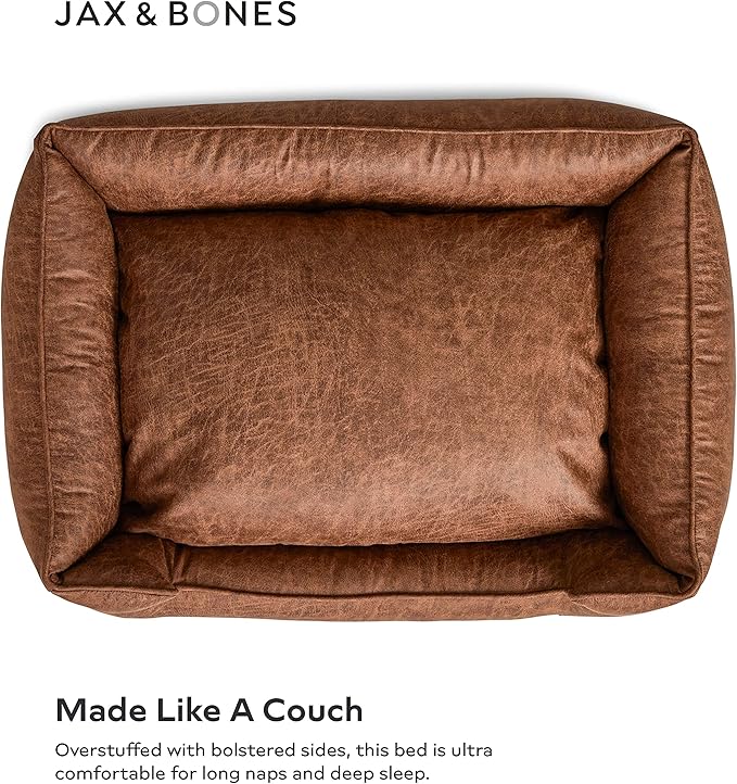 Jax & Bones Dog Bed Lounge - Machine Washable Bed for Dogs - Extra Heavy Duty Bolstered Sides - Vintage Faux Leather Dog Mat Beds | Medium 32 x 27 Inches