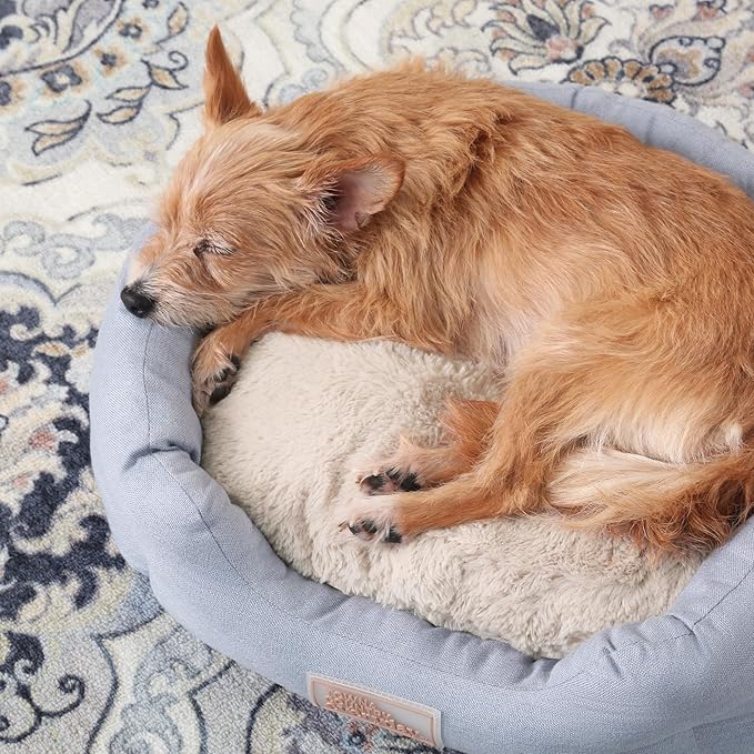 TOWN & COUNTRY EVERYDAY CuddleTown Faux Linen Comfy Cozy Cuddler Pet Bed, Supportive & Calming, Non-Slip Bottom, Machine Washable Cover, Blue, XS 20"x14"x6"