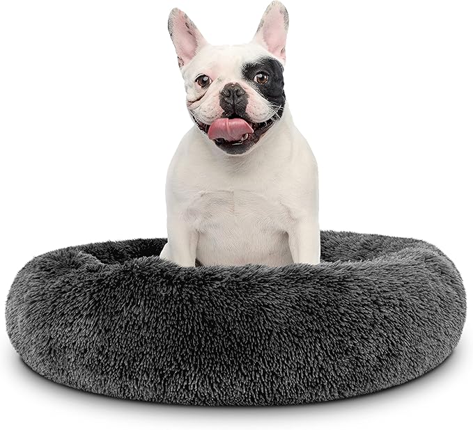 The Dog’s Bed Sound Sleep Donut Dog Bed, Med Steel Grey Fur Calming Nest Bed