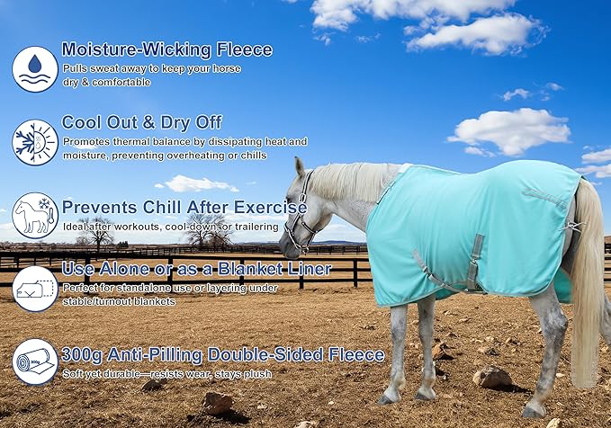 Horse Fleece Cooler, Blanket Liner - 300g Anti-Pilling Fleece, Moisture-Wicking, Cooling & Drying for Post-Workout, Bath & Travel, Prevent Overheating & Chilling Mintgreen 78