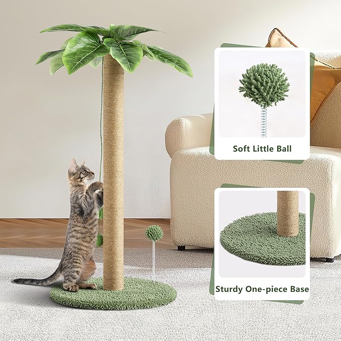 KIGOTY Cat Scratching Post Cat Scratcher, 33 inch Tall Scratching Post with Sisal Rope,Cute Cat Tree with Hanging Interactive Ball, Spring Ball Toys