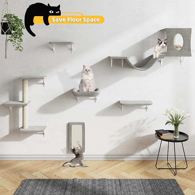 NUNU LAB Wall Mounted Cat Climber Set, 6 Pcs Cat Furniture Set with House, Bridge, Steps, Scratcher Board and Hammock, Shelves for Indoor, Luxury Walls Furniture(Light Gray)