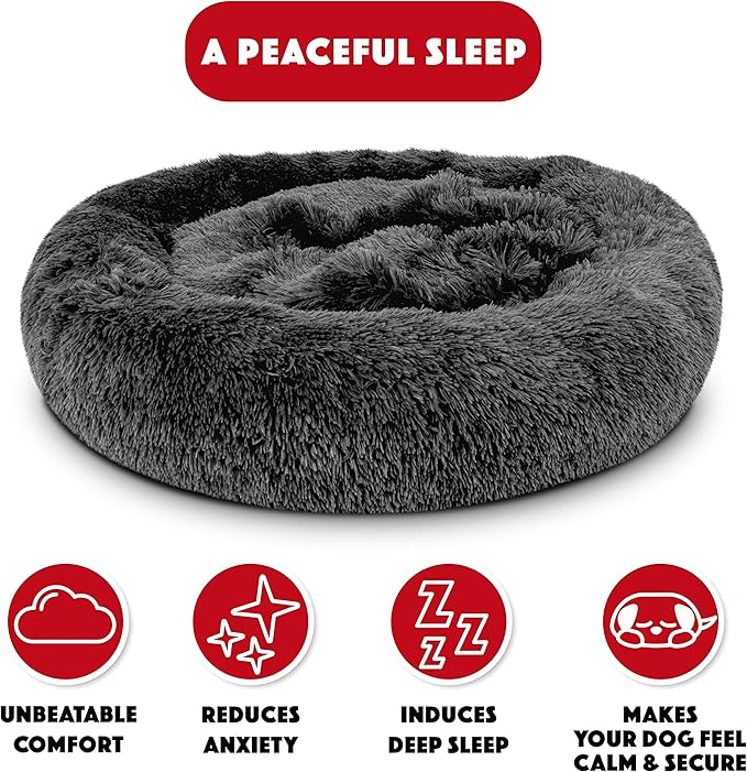 The Dog's Balls Sound Sleep Donut Dog Bed, Grey Plush Large Removable Cover Calming Nest Bed