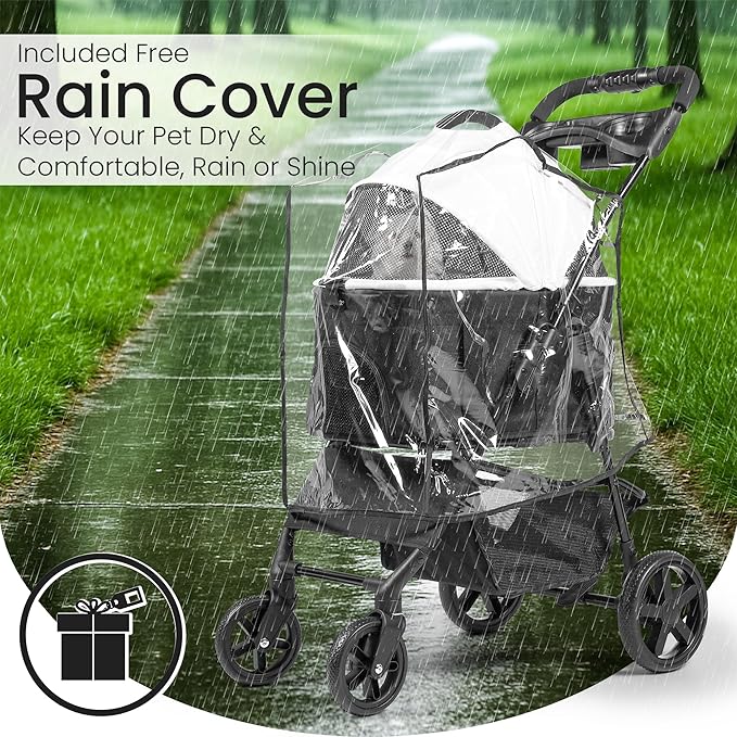 3-in-1 Foldable Pet Stroller for Dogs and Cats up to 33lbs Capacity – Premium Dog Stroller with Removable Carrier Storage Basket, All-Terrain Wheels, Sun Shades and Car Seat
