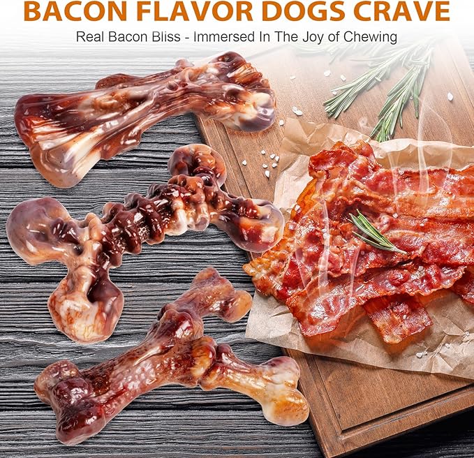 Dog Toys for Aggressive Chewers - 3 Pack Bacon Flavored Indestructible Dog Toy, Tough Chew Bone for Medium Large Breed 25-80lbs to Keep Them Busy