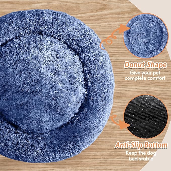 JOLLYVOGUE Medium Calming Dog Bed, Anti-Anxiety Donut Cuddler Cat Bed with Anti-Slip Bottom, Fluffy Faux Fur Machine Washable Pet Cushion for Medium Large Dog & Cat (31")