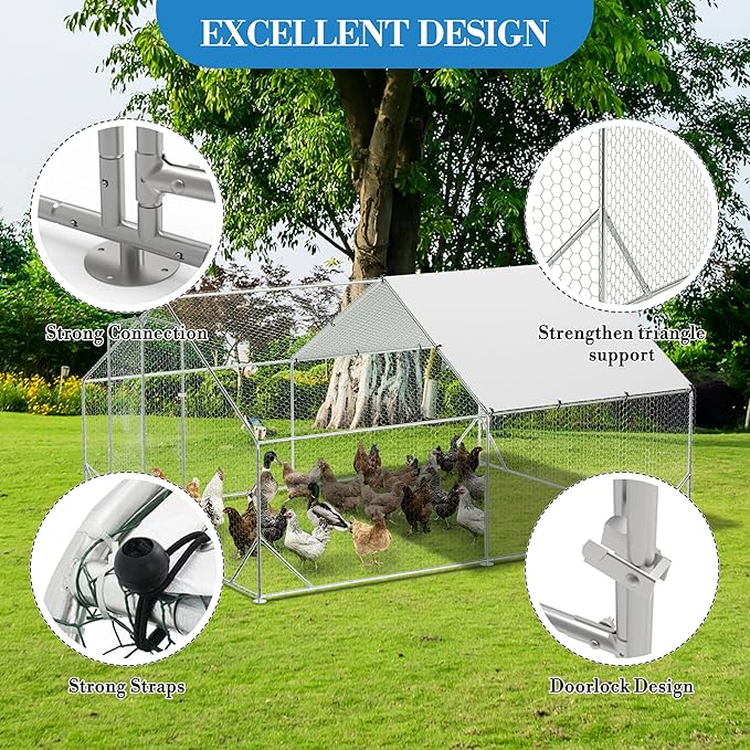 Large Metal Chicken Coop Run,Outdoor Walk-in Cage Peak Hen House with Waterproof and Anti-Uv Cover,Spire Roof Hen House with Security Lock for Outdoor,Backyard and Farm, 9.8 x 13.1 x 6.6 ft