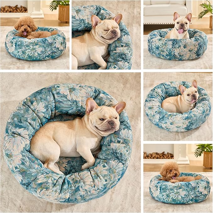 Dog Calming Beds for Small Medium Large Dogs - Round Donut Washable Puppy Dog Bed, Anti-Slip Faux Fur Fluffy Donut Cuddle Anxiety Cat Pet Bed (32" Flower)
