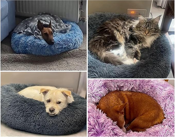 TumiMallody Donut Pet Bed, Plush Round Cuddler Cat & Dog Cushion Bed, Marshmellow Fluffy Faux Fur, Calming Comfy Furry (24 , Light Blue)
