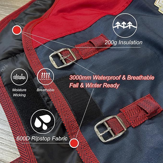 BARN & STABLE 600Denier 3000mm/3000mvp Super Waterproof & Breathable Horse Blankets for Winter with 200g Fill
