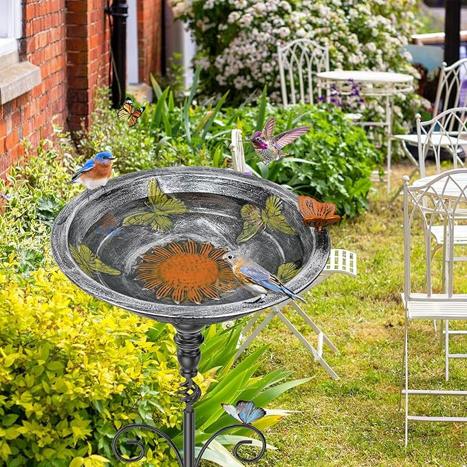 35In Bird Bath for Outside, Vintage Metal Birdbaths & Birdfeeder with 5 Prong Bases for Outdoors, Freestanding Bird Feeder Bowl with for Garden Yard Lawn Decor (Vintage Silver)