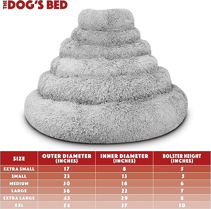 The Dog’s Bed Sound Sleep Donut Dog Bed, XL Silver Grey Fur Calming Nest Bed Removable Cover
