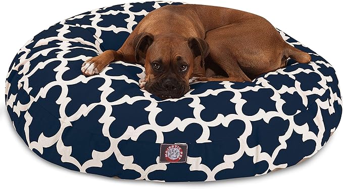 Navy Trellis Large Round Indoor Outdoor Pet Dog Bed With Removable Washable Cover By Majestic Pet Products