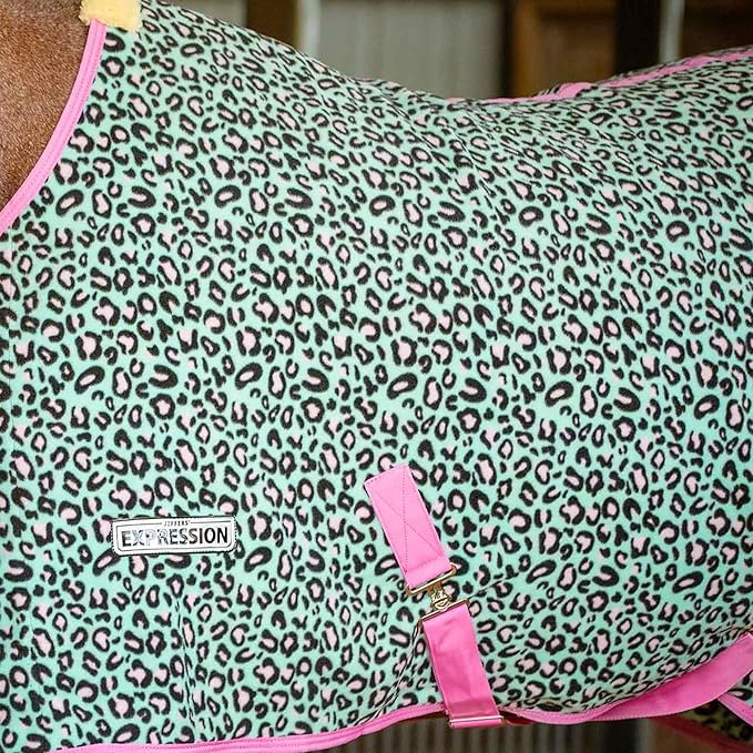 Jeffers Expression Fleece Cooler for Horses, Standard Neck, Party Cheetah 72"- Equine Towel Blanket, Moisture Absorbent, Light Weight, Best for Drying, Exercise, Bathing, Adjustable Belly Bands