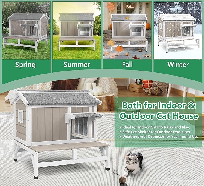 Insulated Cat House Weatherproof Outdoor Feral Cats Shelter Warm Home for Winter Indoor Cat Condo Elevated 8.3" Platform Balcony Waterproof Roof for1-3 Community Cats Small Pets