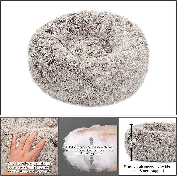 Donut Bed Medium Size Dog, Calming Soft Round Cuddler Dog Beds Fluffy Plush Faux Fur Pet Beds (24", Brown)