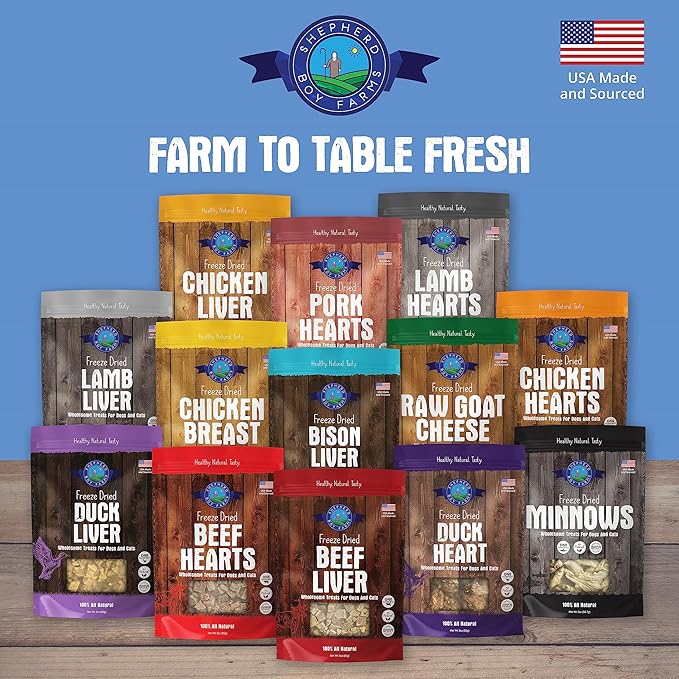 Shepherd Boy Farms Freeze Dried Dog and Cat Treats, Duck Liver, All Natural Single Ingredient Freeze-Dried Dog Treat & Snacks, Made in USA, High Protein, Essential Nutrition of Raw Food, 8oz