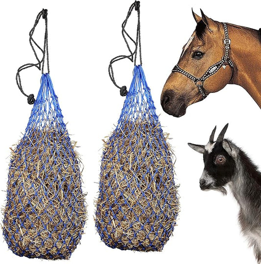 Majestic Ally 2 pcs Ultra Slow Feed 1.5"x1.5" Holes 40” Hay Net for Horses and livestocks (Royal Blue)