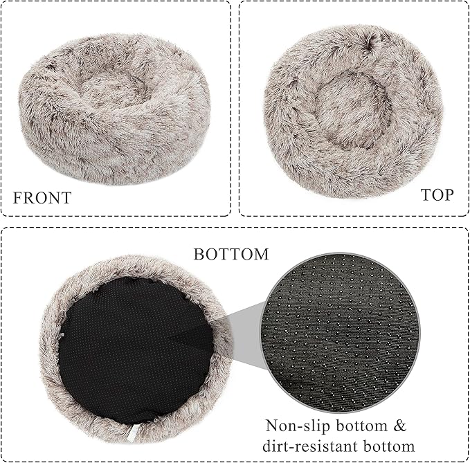 Donut Bed Medium Size Dog, Calming Soft Round Cuddler Dog Beds Fluffy Plush Faux Fur Pet Beds (24", Brown)